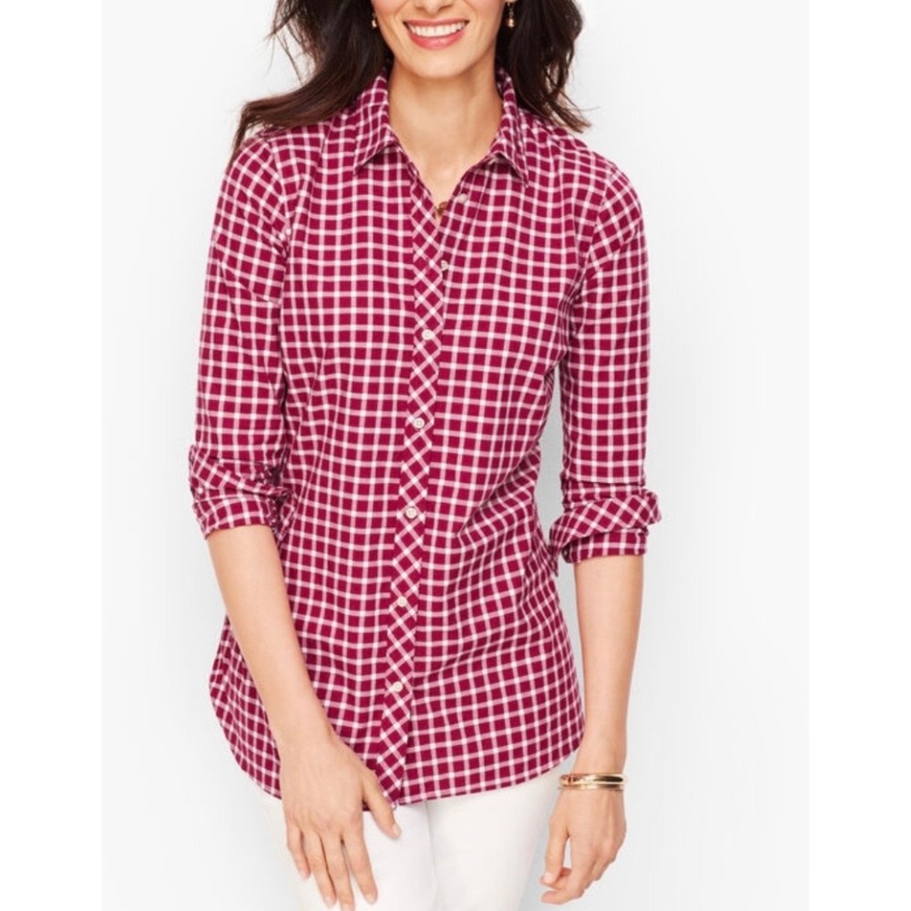 Talbots Plus Size 3X Burgundy White Gingham Cotton Button Down Shirt Long Sleeve